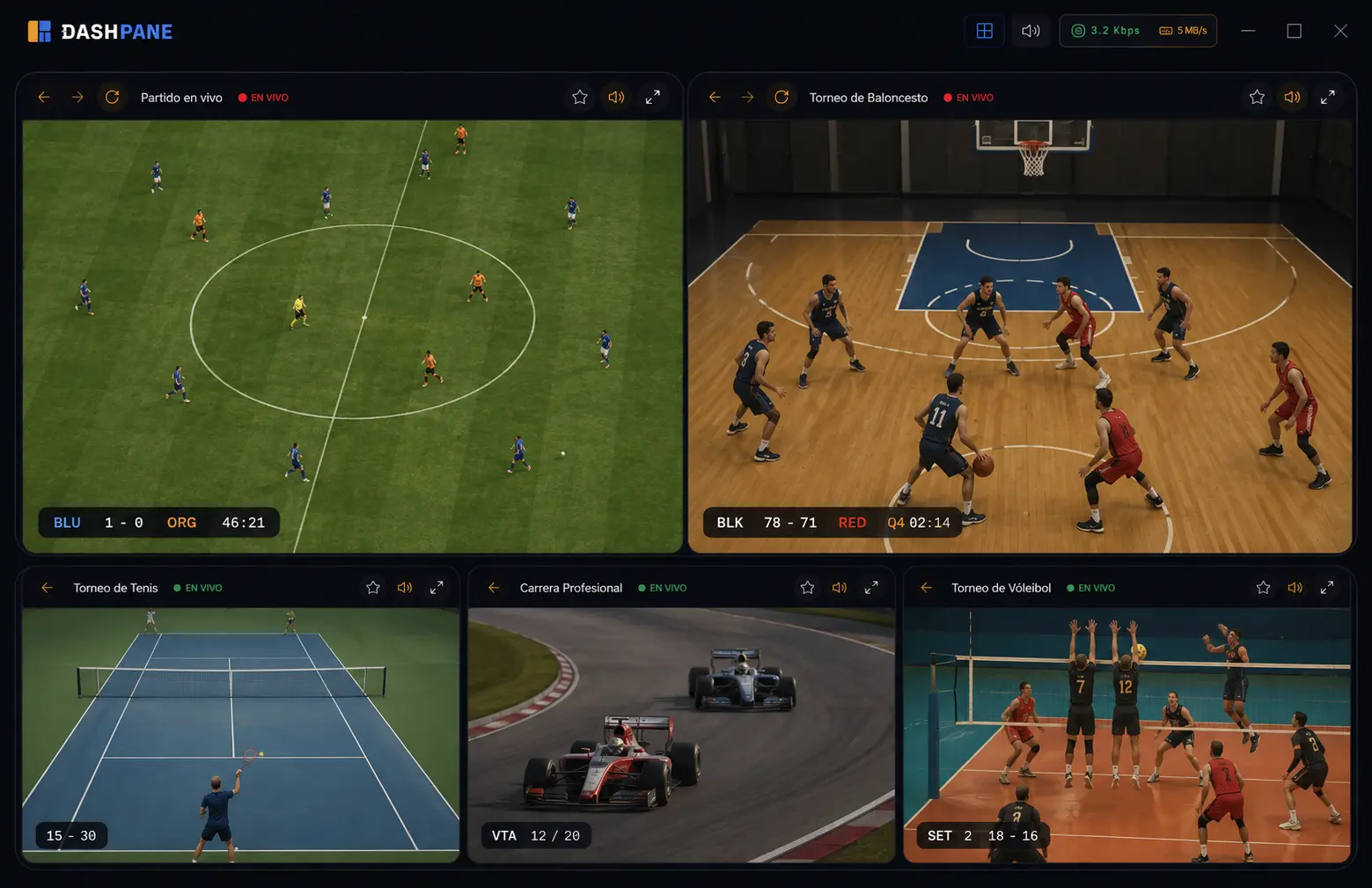 Open your existing match sources in one customizable visual grid. All visible at the same time — no tab switching, no missed goals.